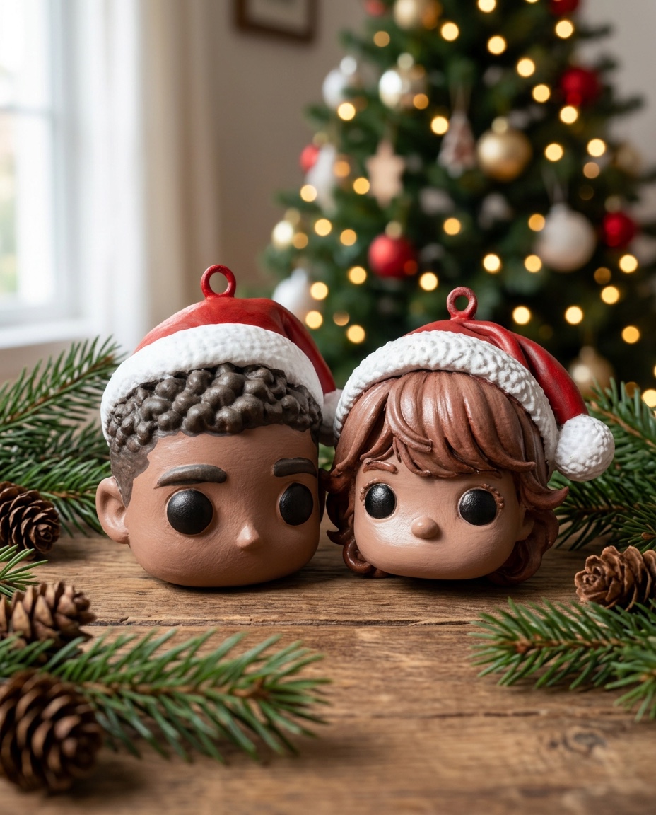 Enfeites personalizados de um casal com gorros de Natal, junto à árvore iluminada