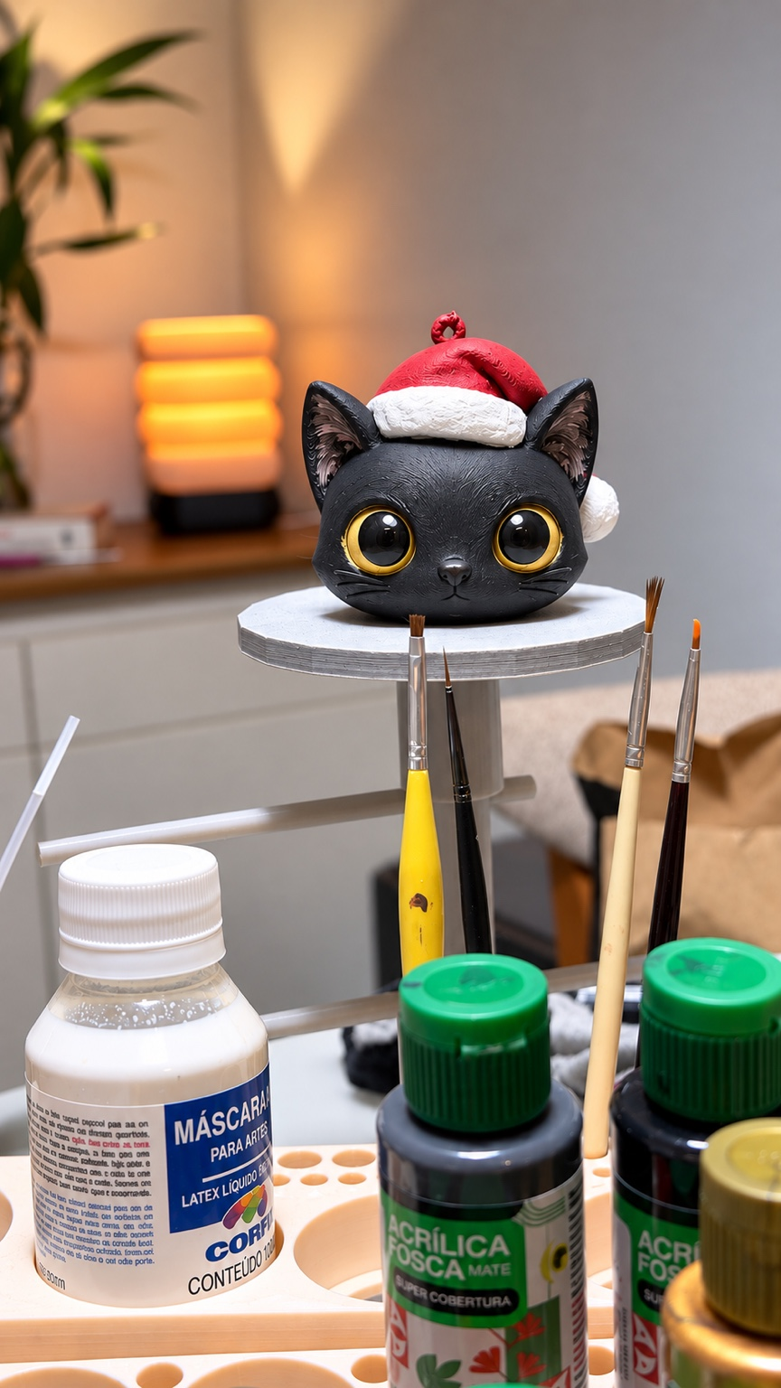 Enfeite de gatinha preta com olhos amarelos e gorro de Natal, feito e pintado à mão no ateliê