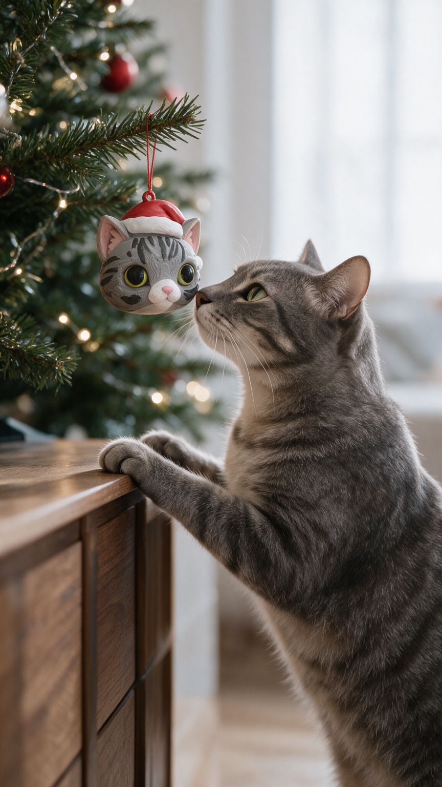Enfeite personalizado de gato junto à árvore